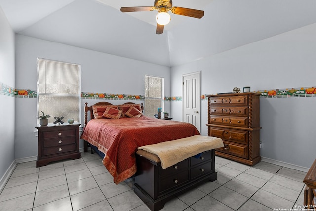 bedroom with light tile patterned flooring, lofted ceiling, and ceiling fan