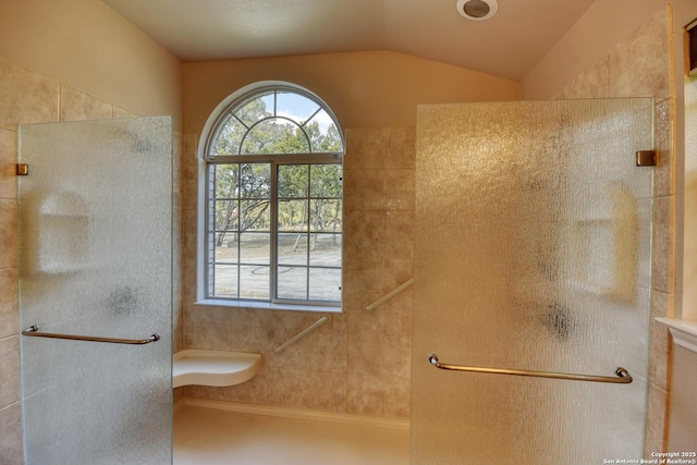 bathroom featuring a healthy amount of sunlight, walk in shower, and lofted ceiling