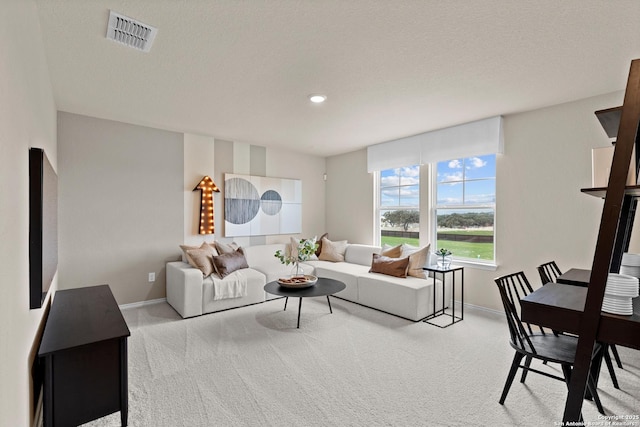 carpeted living room featuring a textured ceiling