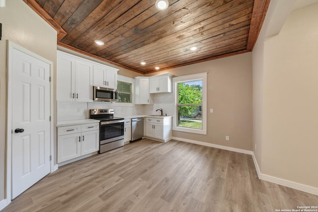 kitchen featuring tasteful backsplash, white cabinets, wood ceiling, stainless steel appliances, and light hardwood / wood-style flooring