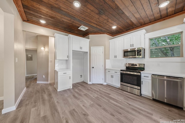 kitchen with stainless steel appliances, tasteful backsplash, white cabinets, wooden ceiling, and light wood-type flooring