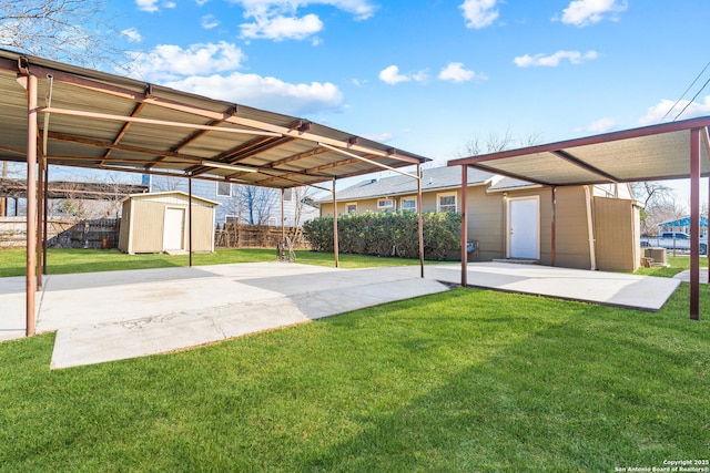 view of patio featuring a storage shed