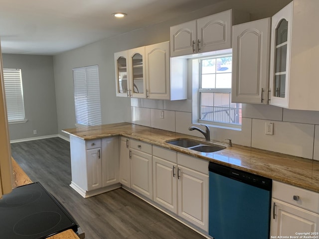 kitchen with sink, dark wood-type flooring, white cabinets, stainless steel dishwasher, and kitchen peninsula