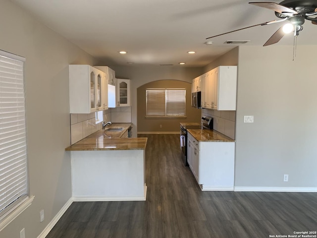 kitchen featuring dark wood-type flooring, sink, white cabinetry, stainless steel range with electric stovetop, and kitchen peninsula