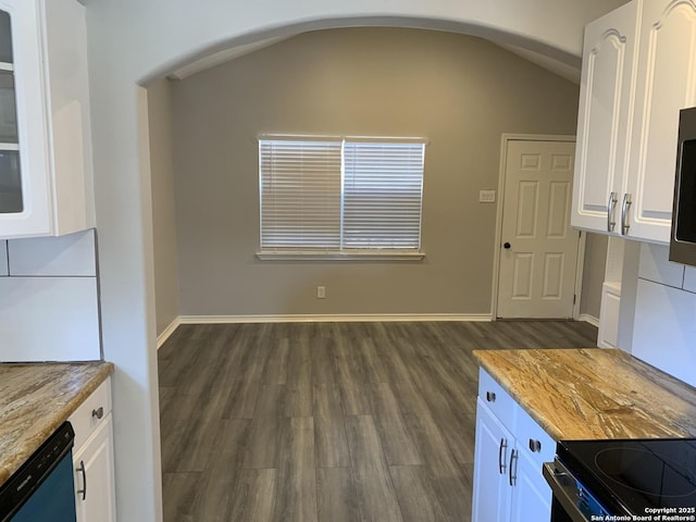 kitchen with butcher block countertops, dark wood-type flooring, dishwasher, and white cabinets