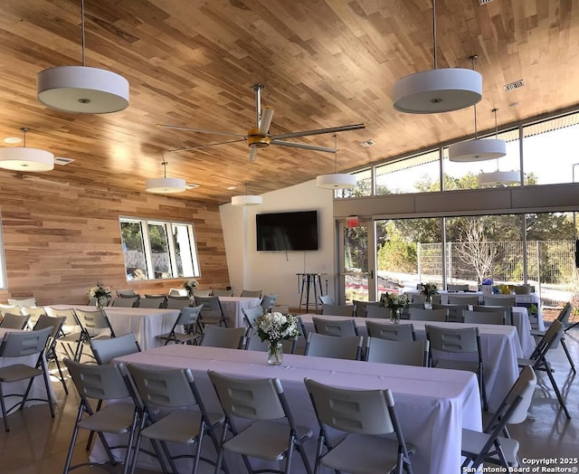 dining area featuring high vaulted ceiling, wooden walls, and wood ceiling