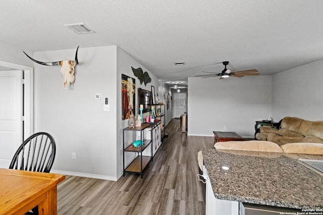 interior space featuring dark wood-type flooring, a textured ceiling, and ceiling fan