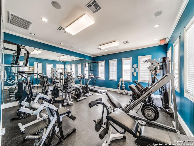 workout area featuring ornamental molding