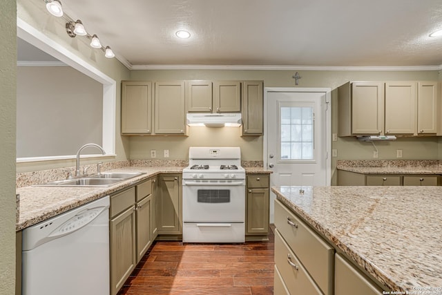 kitchen featuring sink, ornamental molding, white appliances, light stone countertops, and hardwood / wood-style floors