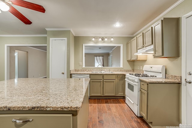 kitchen featuring sink, ceiling fan, light stone countertops, white gas range, and light wood-type flooring