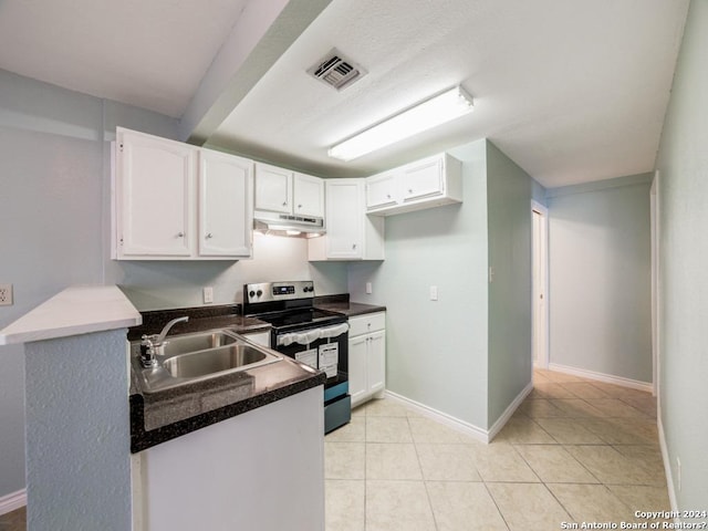 kitchen with light tile patterned flooring, white cabinetry, sink, kitchen peninsula, and stainless steel electric range