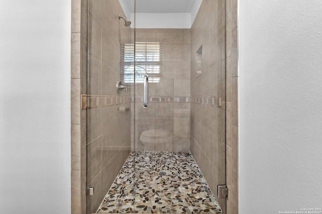 bathroom with a shower with shower door