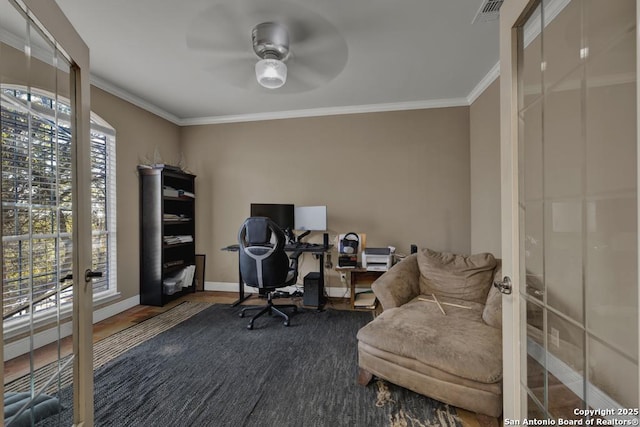 home office featuring wood-type flooring, ornamental molding, french doors, and ceiling fan