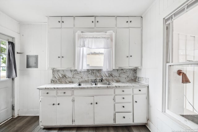 kitchen featuring dark hardwood / wood-style flooring, sink, decorative backsplash, and white cabinets