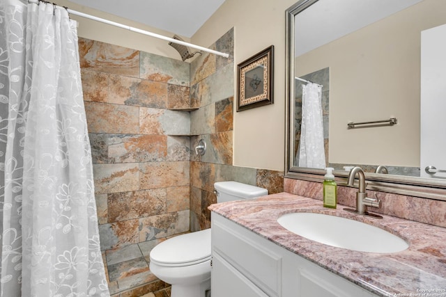 bathroom featuring tile walls, vanity, a shower with curtain, and toilet