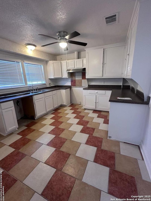 kitchen with sink, a textured ceiling, white cabinets, and ceiling fan