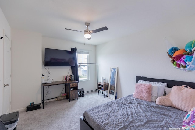 bedroom with light carpet and ceiling fan