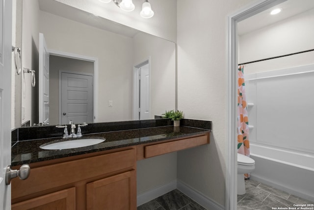 full bathroom featuring vanity, shower / tub combo with curtain, and toilet