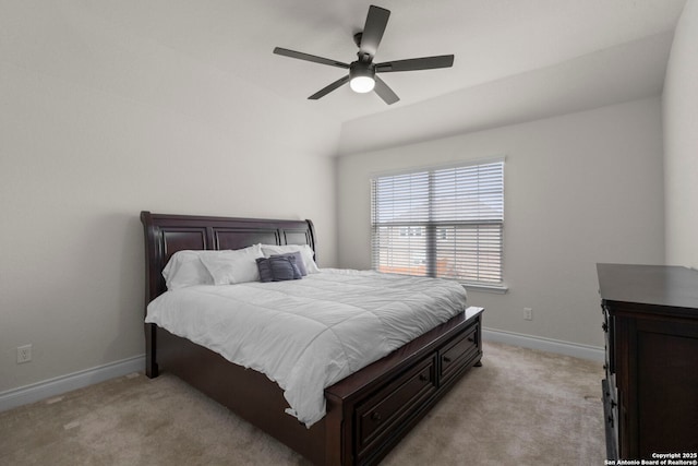 bedroom featuring light carpet and ceiling fan