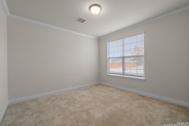 spare room featuring light colored carpet and ornamental molding