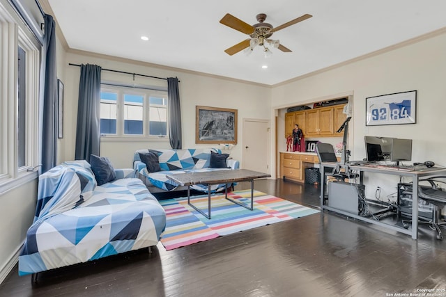 living room featuring crown molding, dark hardwood / wood-style floors, and ceiling fan