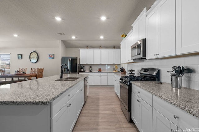 kitchen with white cabinetry, appliances with stainless steel finishes, sink, and a center island with sink