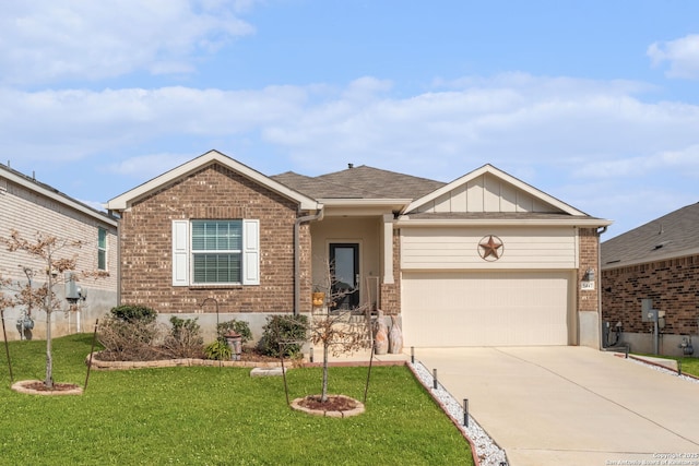 ranch-style home with a garage and a front yard