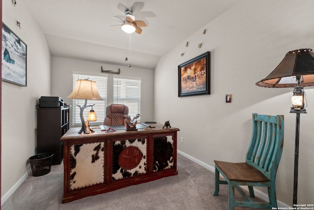 bedroom with vaulted ceiling, light carpet, and ceiling fan