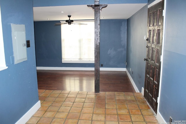 empty room featuring electric panel and ceiling fan