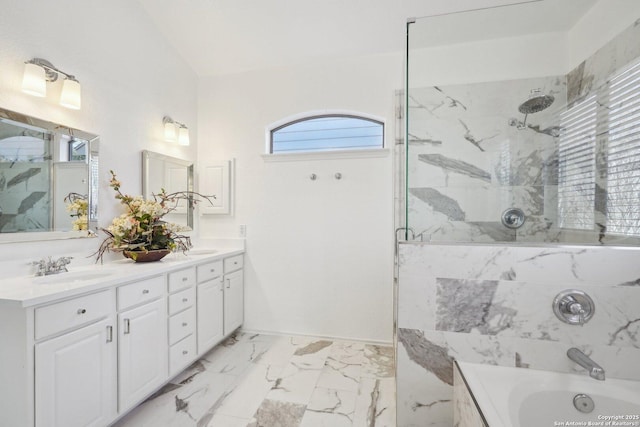 bathroom featuring vanity, plus walk in shower, and vaulted ceiling