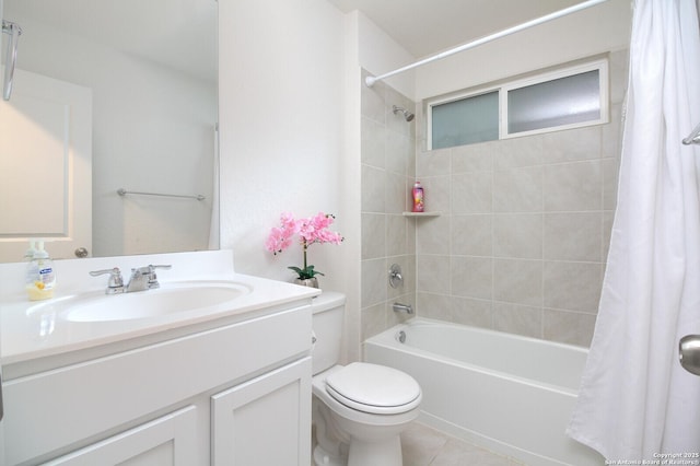 full bathroom with shower / bath combination with curtain, tile patterned floors, vanity, and toilet