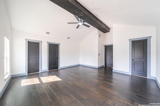 interior space featuring dark wood-type flooring, ceiling fan, high vaulted ceiling, and beamed ceiling