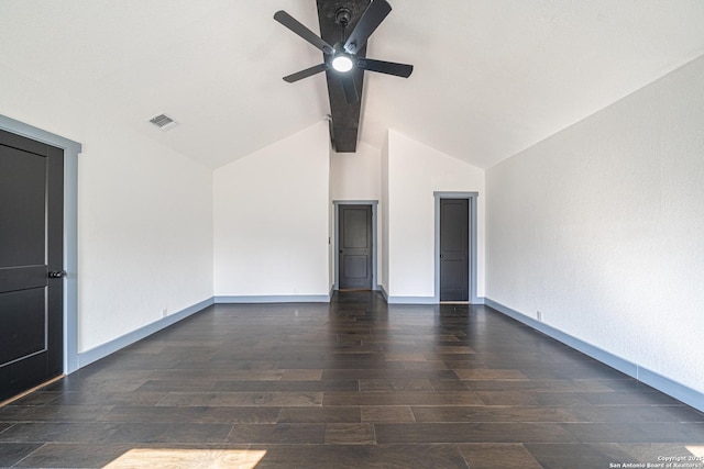 interior space with ceiling fan, vaulted ceiling with beams, and dark hardwood / wood-style flooring