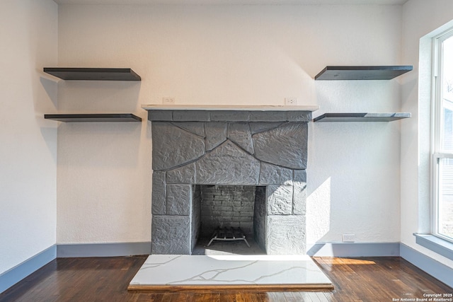 room details with a fireplace and hardwood / wood-style floors