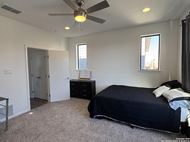 bedroom with carpet floors, recessed lighting, and ceiling fan