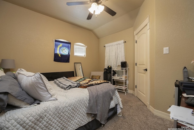 bedroom featuring lofted ceiling, carpet, and ceiling fan