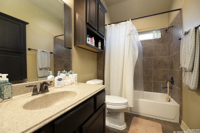 full bathroom featuring vanity, shower / bath combo, tile patterned floors, and toilet