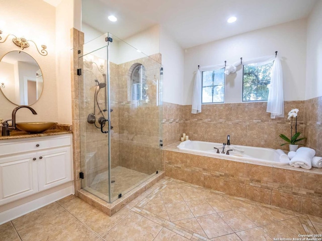 bathroom with vanity, separate shower and tub, and tile patterned flooring