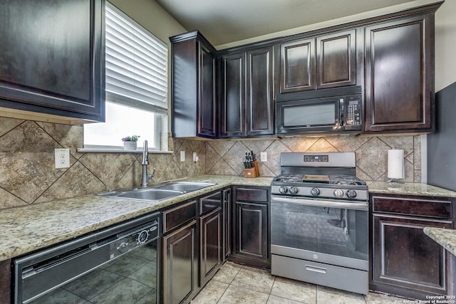 kitchen with dark brown cabinetry, sink, black appliances, light tile patterned floors, and backsplash