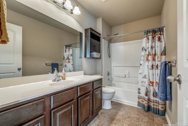 full bathroom with vanity, shower / bath combination with curtain, tile patterned floors, and toilet