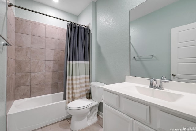 full bathroom featuring toilet, vanity, shower / bathtub combination with curtain, and tile patterned flooring