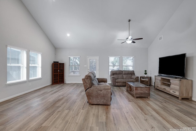 living room featuring ceiling fan, high vaulted ceiling, and light hardwood / wood-style floors