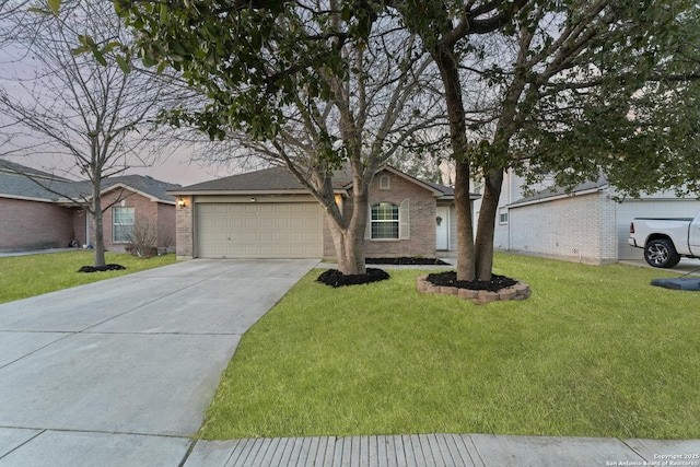 single story home with a garage and a front yard