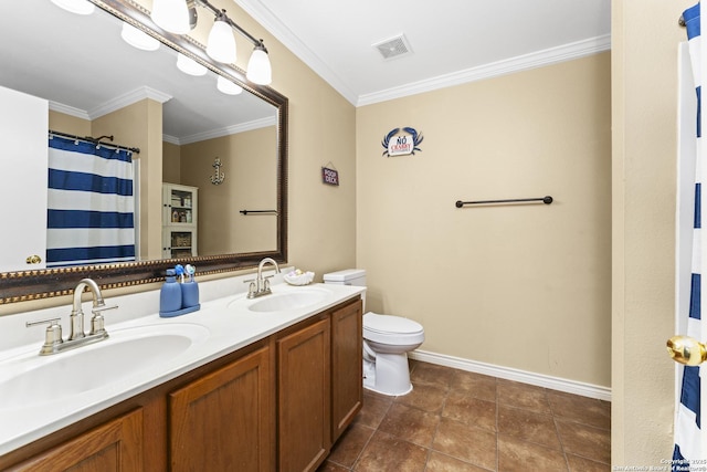 bathroom featuring ornamental molding, toilet, tile patterned flooring, and vanity