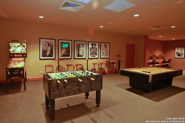 rec room with light colored carpet and pool table