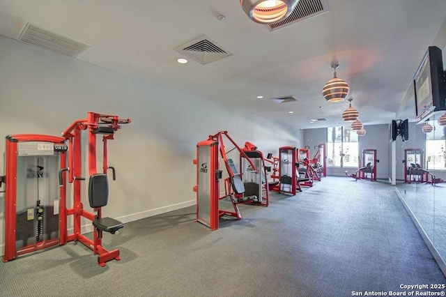 workout area featuring carpet flooring