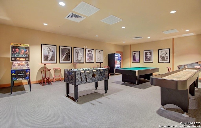 recreation room featuring billiards and light carpet