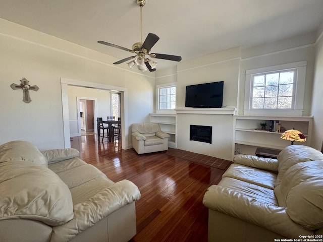 living room featuring ceiling fan and dark hardwood / wood-style floors