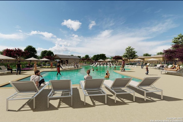 view of swimming pool featuring a patio
