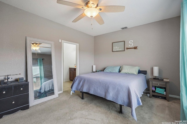 carpeted bedroom featuring ceiling fan